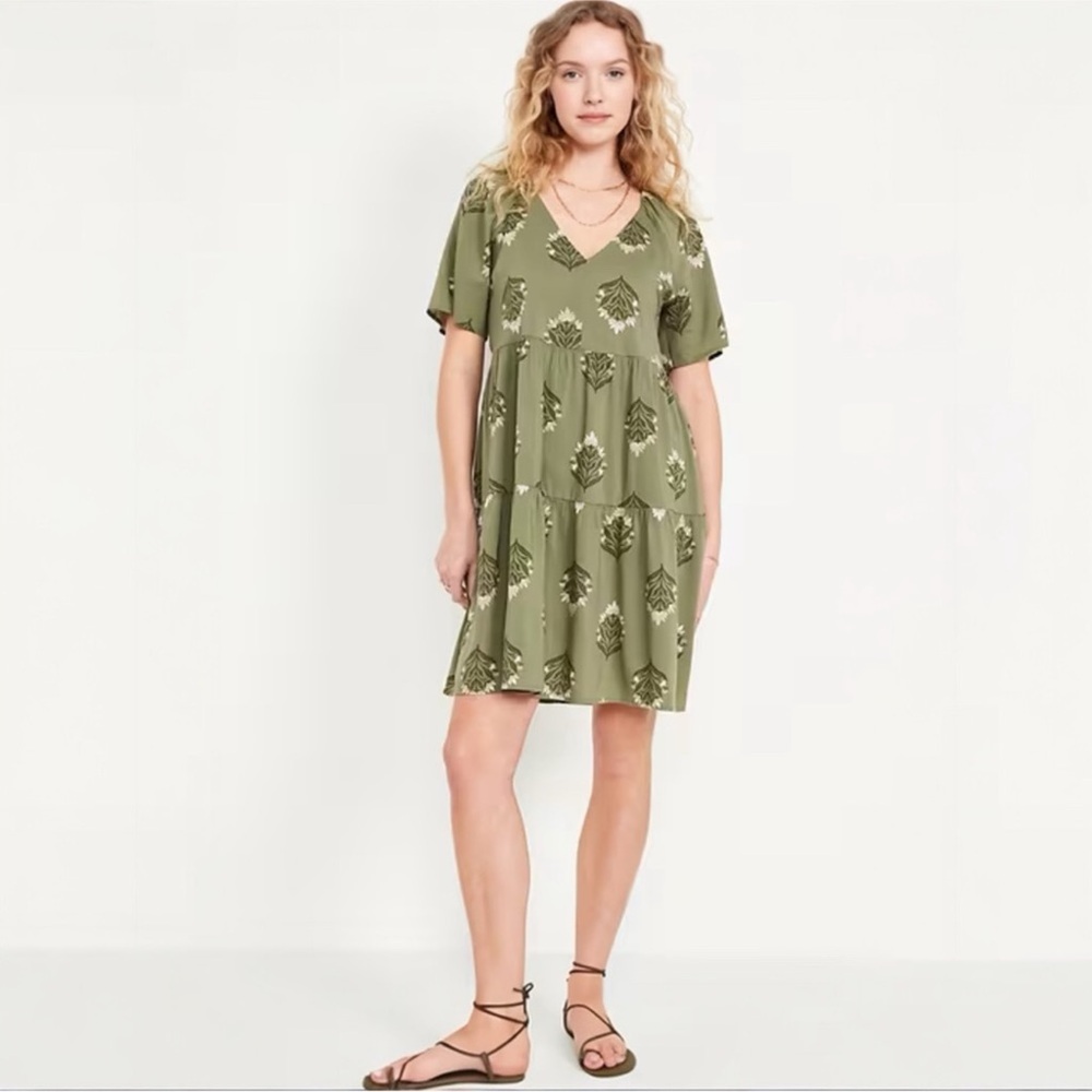 Olive Tiered V-Neck Floral Print Dress